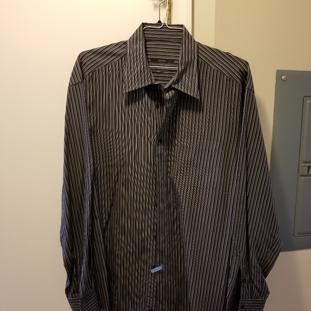 gucci black grey striped cotton dress shirt 17.5